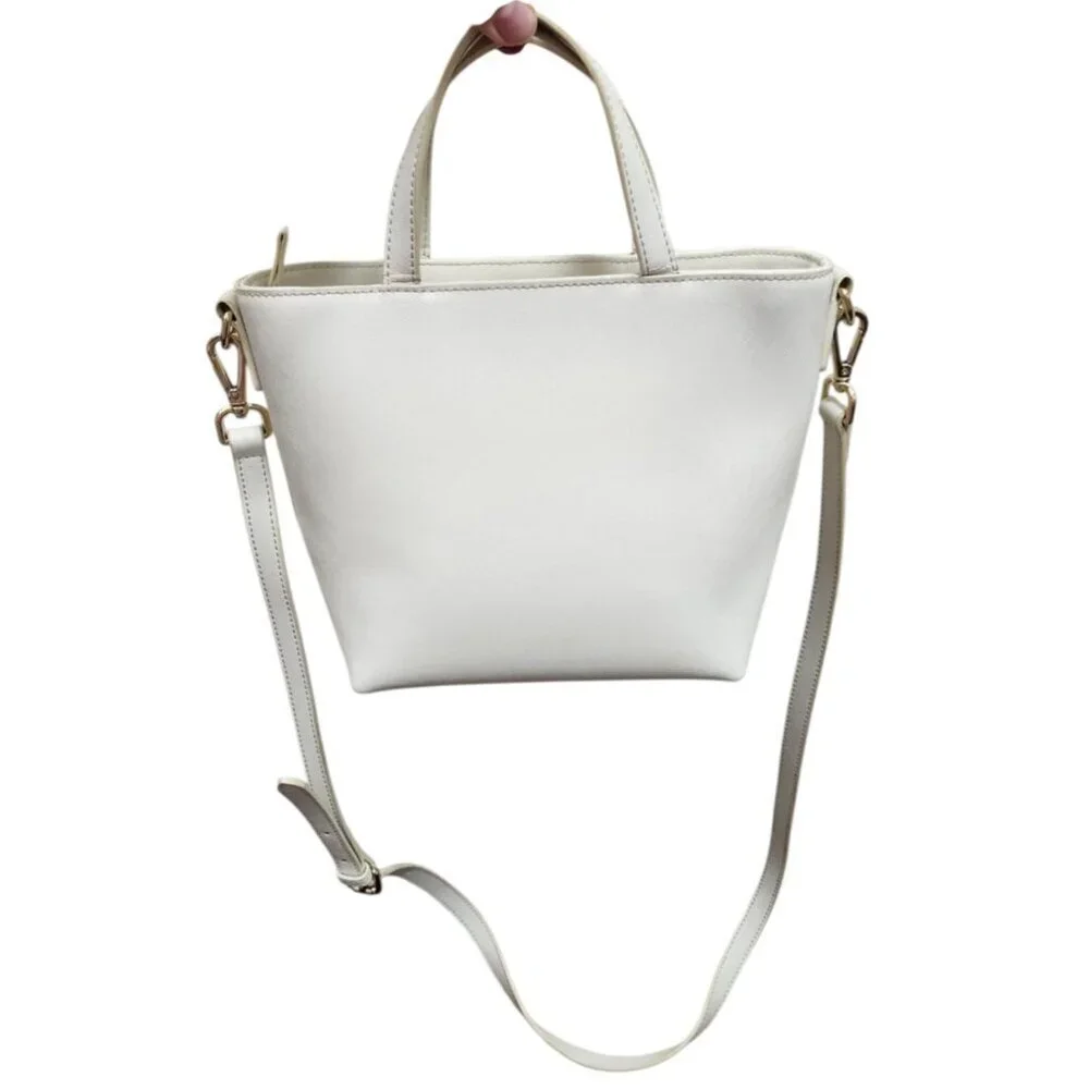 TDE White Structured Leather Tote Bag DT Logo Gold Hardware Crossbody Strap - Picture 3 of 16